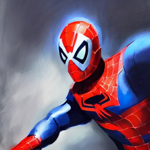 Image similar to greg manchess portrait painting of partially armored ultraman spiderman as overwatch character, medium shot, asymmetrical, profile picture, organic painting, sunny day, matte painting, bold shapes, hard edges, street art, trending on artstation, by huang guangjian, gil elvgren, ruan jia, greg rutkowski, gaston bussiere