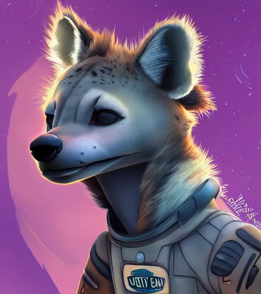 Image similar to digital detailed art of furry female hyena, in style of zootopia, fursona, furry, furaffinity, deviantart, wearing astronaut outfit, floating in space, space background, hyena fursona, cyberpunk, detailed face, style of artgerm,