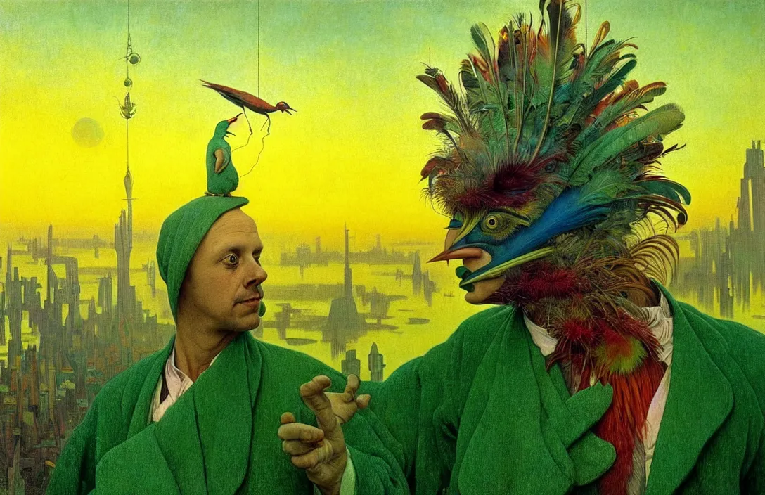 Image similar to realistic detailed portrait movie shot of a birdman wearing green robes, futuristic city sunset landscape background by denis villeneuve, yves tanguy, alphonse mucha, ernst haeckel, max ernst, roger dean, masterpiece, rich moody colours, feathers, ethereal, occult, blue eyes