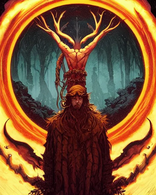 Image similar to a druid standing in a circle at the beginning of the world by dan mumford and greg rutkowski and frank frazetta and peter mohrbacher and william blake