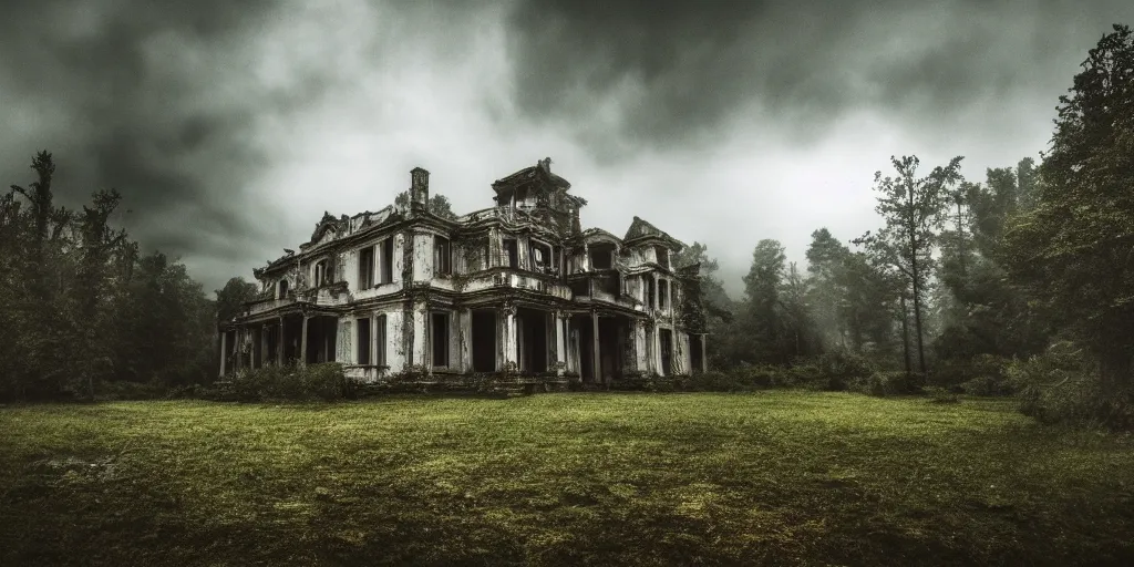 Prompt: a haunted old villa in the middle of an ancient forest, ominous Sky, gloomy atmosphere, cinematic, mist, High definition, 8k, ultra detailed