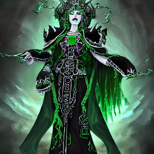 Image similar to a high priestess necromancer in the style of chaos in warhammer 4 0 k, flowing robe, jewel encrusted chestplate, green black grey and white palette, lolth, dnd, character art