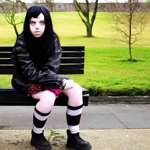 Image similar to an emo goth girl sitting on a bench in front of a British house on a freezing cold day, 2006, black hair