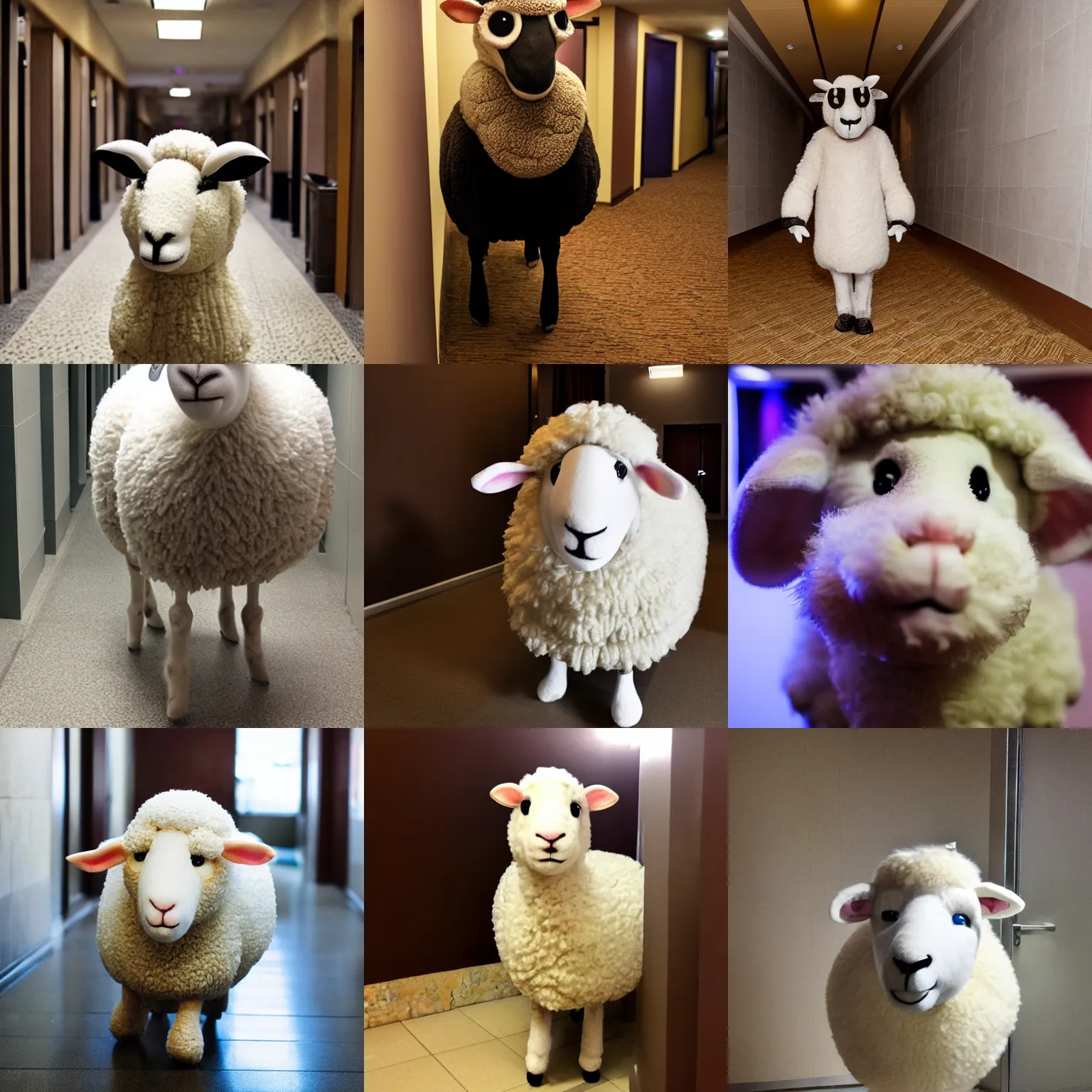 Prompt: realistic looking sheep fursuit, in a hotel hallway, flash photography