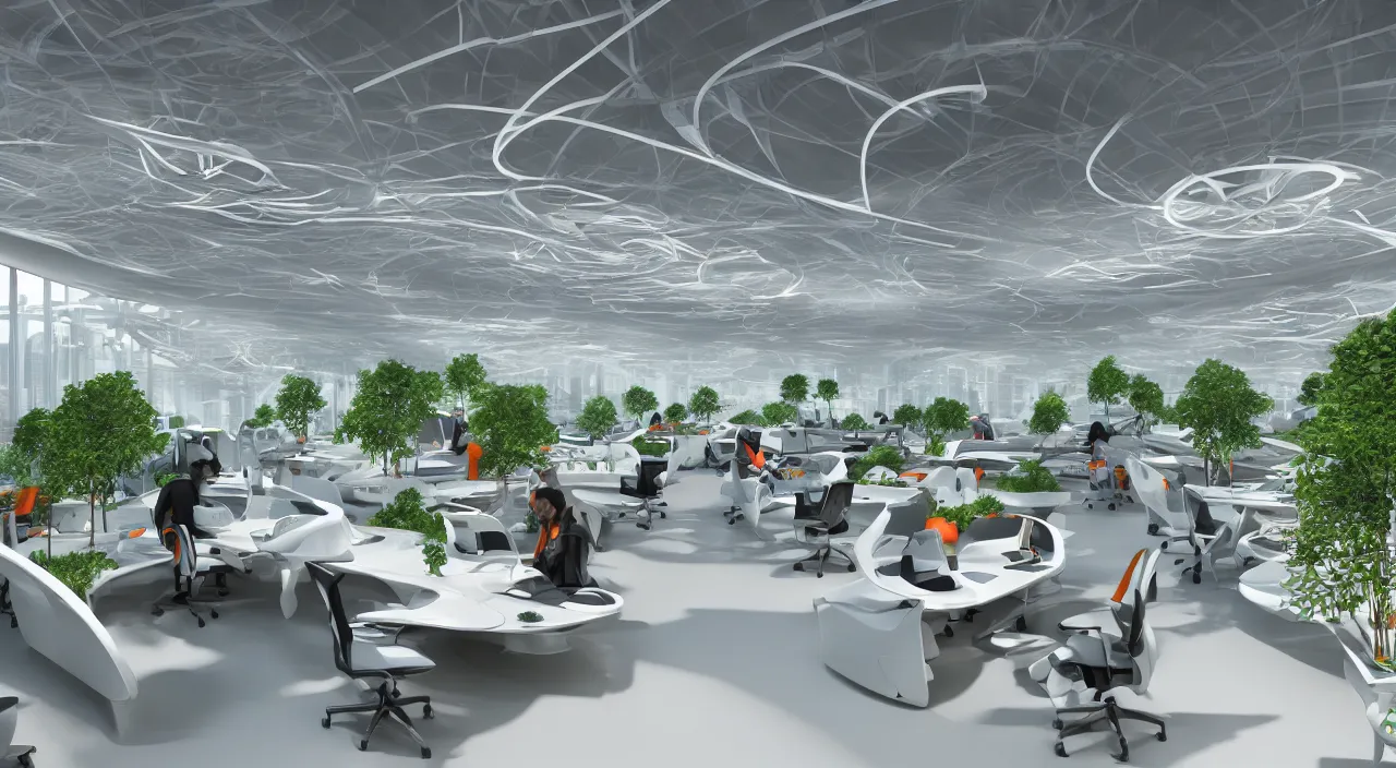 Image similar to futuristic open office with parks and plants, glowing computer screens, made with glossy white plastic and large windows and voluminous light and light rays, extremely intricate, very detailed, in style of zaha hadid, artstation, octane render, with red and orange highlights, cinematic lighting