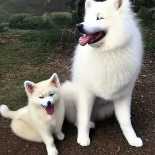 Image similar to A photo of a Samoyed dog with its tongue out hugging a white Siamese cat.