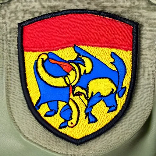 Prompt: closeup photo of a colorful embroidered patch of the coat - of - arms of a buffalo - themed house of hogwarts. the patch is sewn onto a leather school - bag. the name watanka appears on the patch.