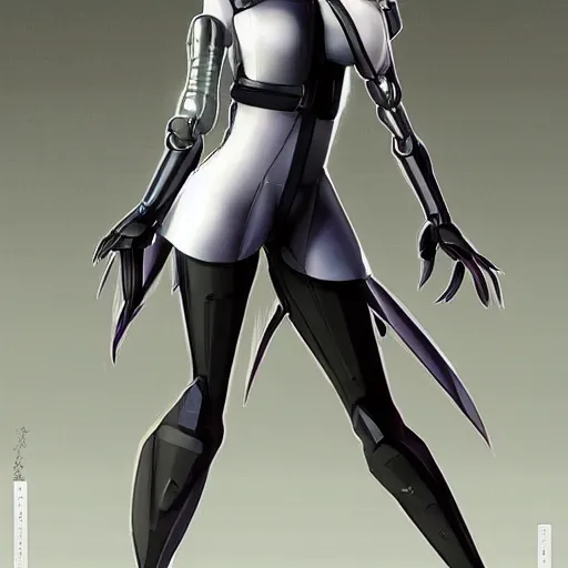 Prompt: A full body portrait of beautiful android personal bodyguard, photorealistic character, shot from the ground by Yoshiyuki Sadamoto. utopian vibes, female android (gynoid) design resembles gardevoir from pokemon and 2B from Nier Automata, with inspiration from Masamune Shirow and Cyberpunk 2077, outrunner aesthetic, trending on ArtStation, vivid octane render, 8k UHD image, Hyper realistic with intricate details.