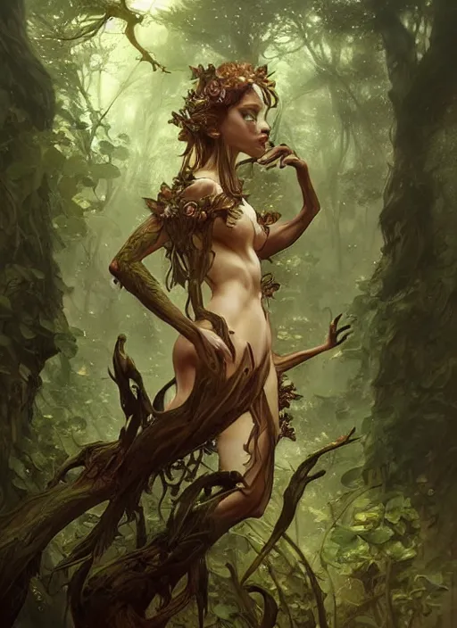 Image similar to a cute forest elemental, with fingers, fantasy, intricate, elegant, highly detailed, digital painting, artstation, concept art, wallpaper, smooth, sharp focus, illustration, art by artgerm and greg rutkowski and alphonse mucha