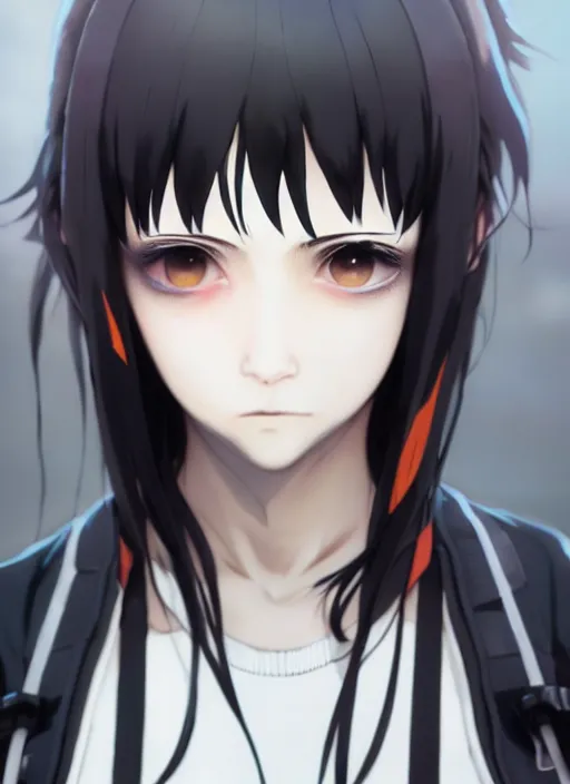 Image similar to a girl with black sports clothes, realistic airsoft mask, softair center landscape, illustration, concept art, anime key visual, trending pixiv fanbox, by wlop and greg rutkowski and makoto shinkai and studio ghibli and kyoto animation, airsoft cqb, symmetrical facial features, short hair, airsoft electric pistol, realistic anatomy