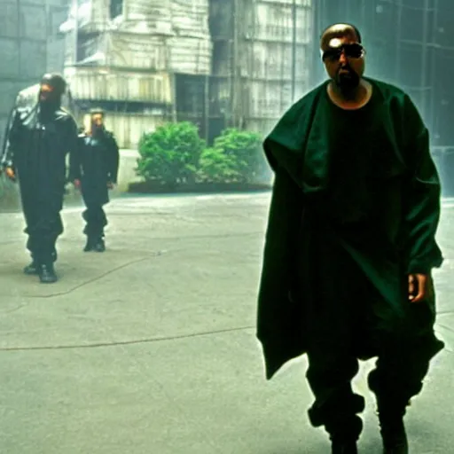 Prompt: Kanye West as Neo in 'The Matrix' , movie still frame