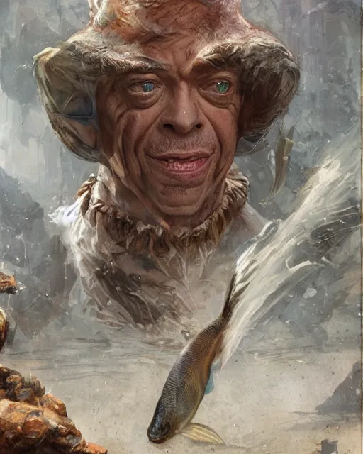 Image similar to don knotts, half man half fish, lovechild don knotts and fish, don knotts and fish hybrid, fantasy character portrait, ultra realistic, concept art, intricate details, highly detailed by greg rutkowski, gaston bussiere, craig mullins, simon bisley