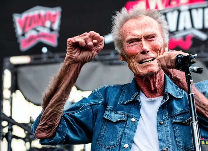 Image similar to photo still of clint eastwood on stage at vans warped tour!!!!!!!! at age 6 8 years old 6 8 years of age!!!!!!!! in a gran torino, 8 k, 8 5 mm f 1. 8, studio lighting, rim light, right side key light