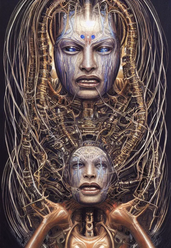 Image similar to perfectly centered portrait, front view of a beautiful biomechanical cyberpunk alien android robot buddha, female, flowing hair, intense stare, sarcastic smile, symmetrical, concept art, intricate detail, volumetric shadows and lighting, realistic oil painting by alex grey and h. r giger,