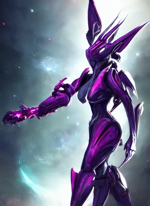 Image similar to cinematic body shot, cosmic beautiful stunning giant robot mecha hot female dragon goddess, sharp sleek cyborg dragon head, sharp metal ears, smooth purple eyes, smooth fuschia skin, smooth silver armor, nebula size, epic proportions, epic scale, macro furry, furry art, dragon art, goddess art, giantess art, warframe, warframe fanart, furaffinity, octane