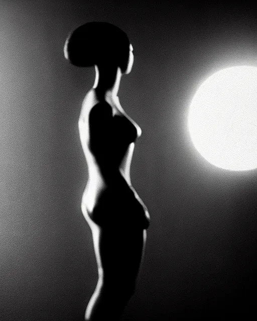 Image similar to black and white high quality photo of a beautiful futuristic dancing female posthuman-cyborg looking into a sci-fi mirror:: volumetric lighting, liminal space, brutalism, foggy, dreamy, hyperdetailed, bokeh, photorealistic, cinematic, masterpiece, Metropolis, elegant, dark, octane render, 8K, in the style of Dora Maar and Man Ray