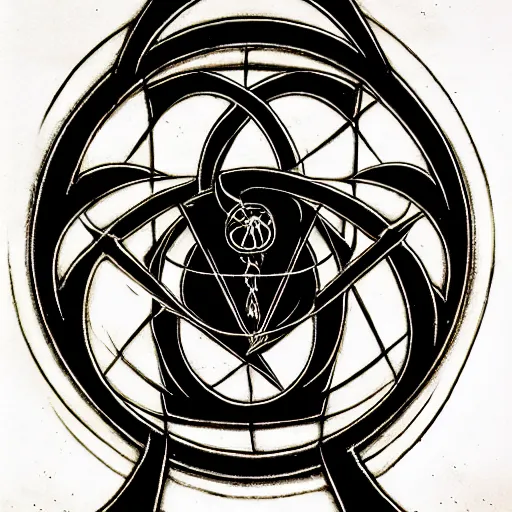 Prompt: masterpiece, symmetrical occult summoning sigil calligraphy by christophe szpajdel, h. r. giger, biomechanical, alchemy, monogram