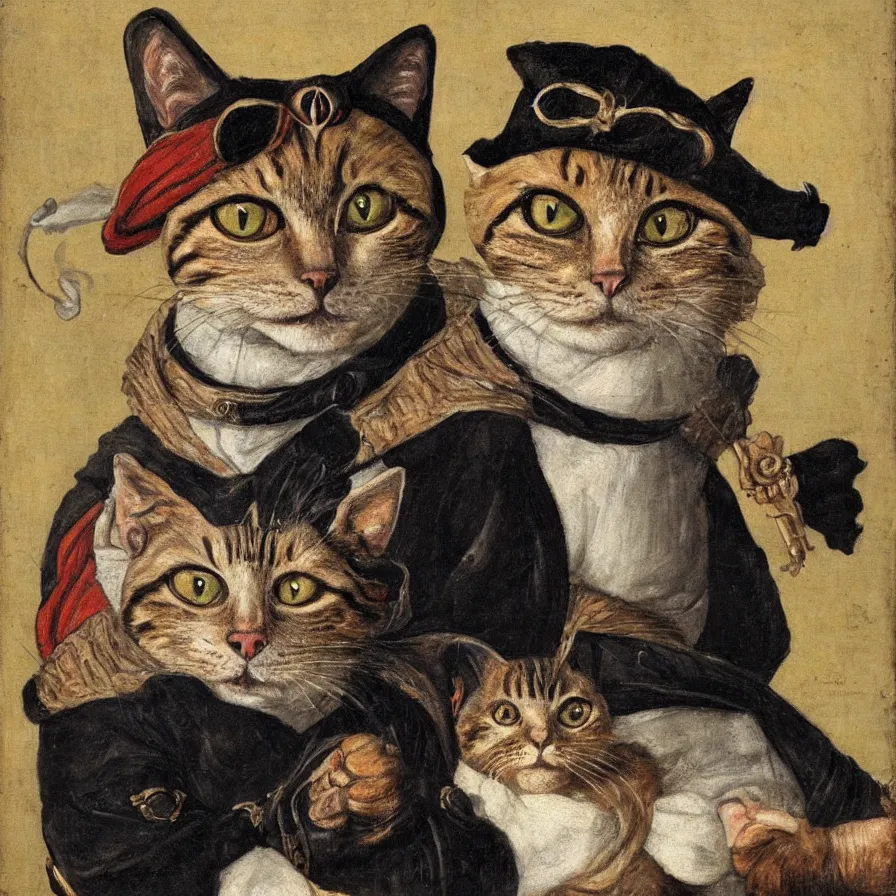 Image similar to portrait of a single cat pirate portrait, painting, 16th century