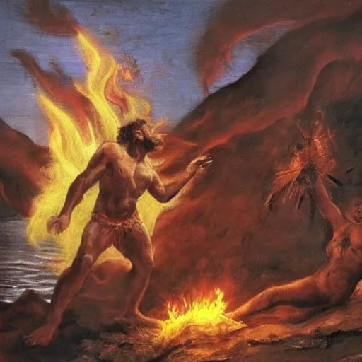 Prompt: divine fire coming to a man's head