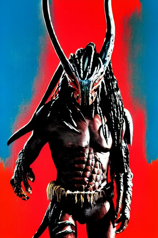 Image similar to predator yautja movie poster by andy warhol