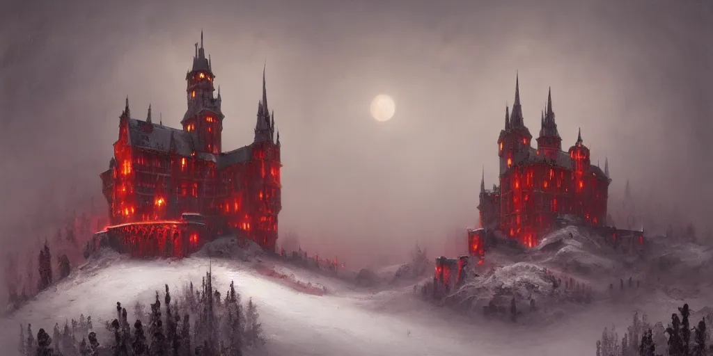 Image similar to A hyper realistic oil painting of a gothic castle made out of crimson stone, surrounded by snow, surrounded by fog, moody cinematic lighting, red moonlight above the castle, hyper detailed, by greg rutkowski, trending on artstation