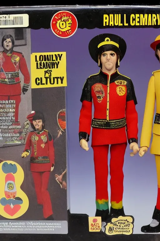 Image similar to action figure of Paul McCartney Sergeant Pepper's Lonely Hearts Club Band outfit released in 1972 vintage, vintage toy, inbox, eBay listing, HD photo