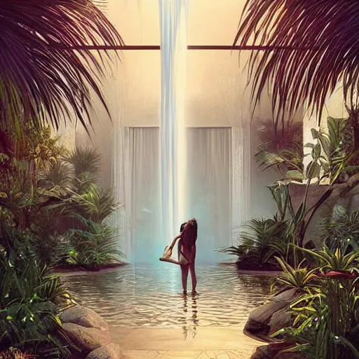 Image similar to waterfall, indoor liminal space, golden light, greg rutkowski, palm trees, pink door, minimalistic, hyperrealistic surrealism, award winning masterpiece with incredible details, epic stunning, infinity pool mirrors, a surreal vaporwave liminal space with mirrors, highly detailed, trending on artstation, artgerm and greg rutkowski and alphonse mucha, daily deviation