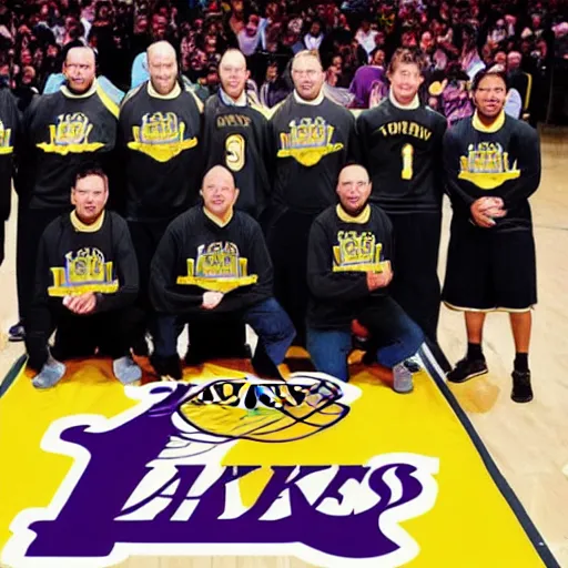 Prompt: Humpback Whales wearing Lakers jersey, team photo