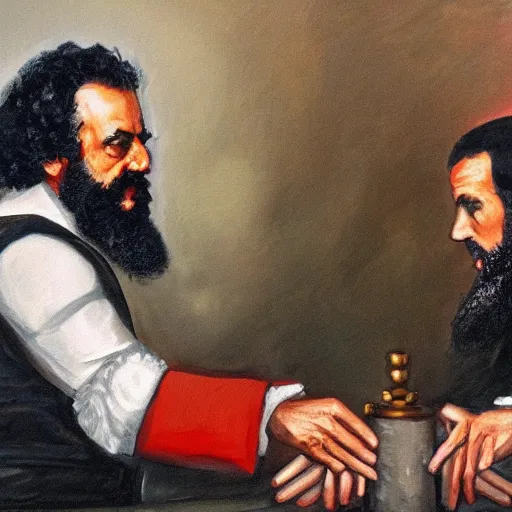 Prompt: oil painting of karl marx and emmanuel macron arm wrestling