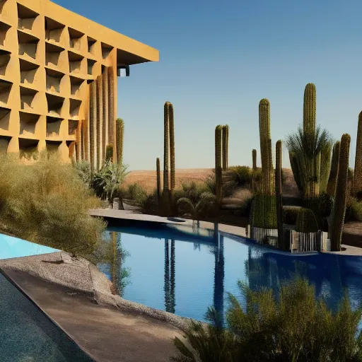 Prompt: brutalism hotel in the desert, biophilia mood, pool, garden, highly detailed, cinematic, photorealistic,