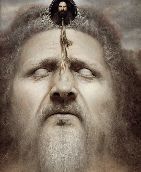 Image similar to a portrait of wisened philosopher king (an absolute monarch of his ancient european kingdom) resides on his throne, his gaze transfixed on the horizon of infinity, his mind contemplating eternity, highly detailed hyperrealistic DnD portrait by Raffaello Ossola and Ross Tran and Zdzisław Beksiński, stunning detail, 8k, 4k