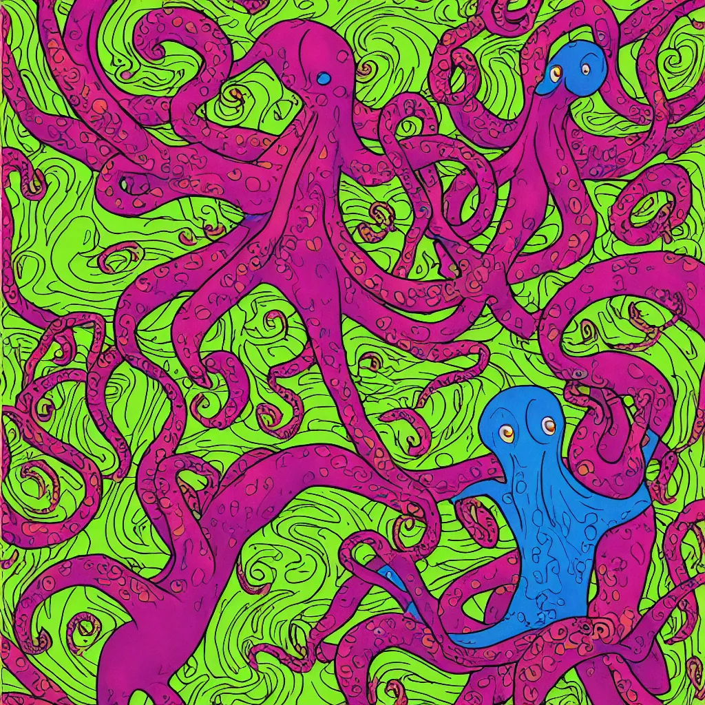 Prompt: caricature of a happy dancing octopus in psychdelic style, robert williams style