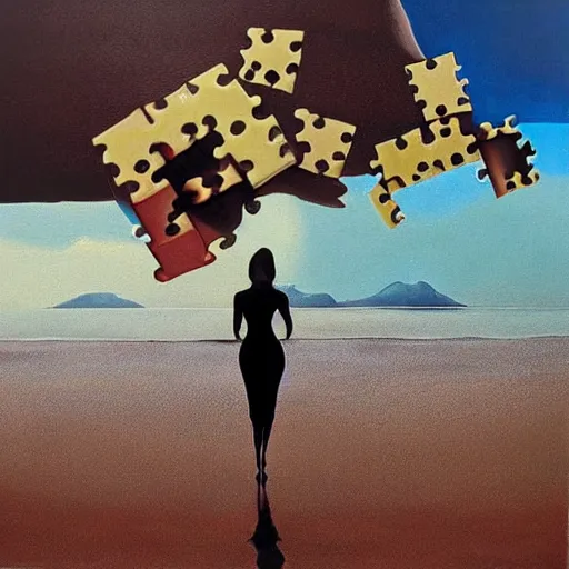 Image similar to A surreal oil painting of a puzzle containing a beautiful woman on a desert beach with scattered puzzle pieces by Salvador Dali, dark vibes, high contrast, cinematic, depth of field