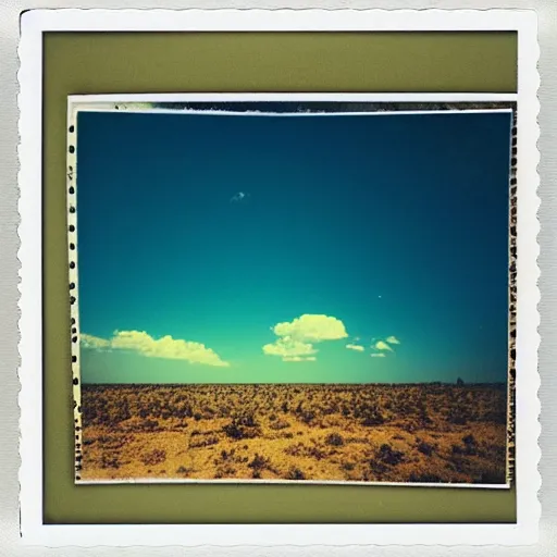 Image similar to instant photograph of the sky, polaroid, raw, beautiful, nostalgic, light leak, blue sky, clouds, desert forest