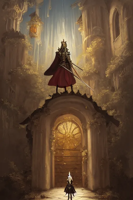 Image similar to baroque oil painting of anime key visual concept art of rustic grand stone chapel with female knight standing in the doorway wearing silver armor with gold trims, trending on artstation, brush strokes, oil on canvas, style of kawacy and makoto shinkai and greg rutkowski and studio ghibli