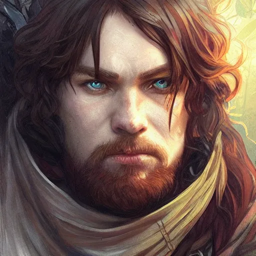 Prompt: portrait of fin wildcloak, shifty - eyed untrusting paranoid halfling male rogue adventurer, fantasy, highly detailed, digital painting, sharp focus, illustration, art by artgerm, greg rutkowski, and alphonse mucha