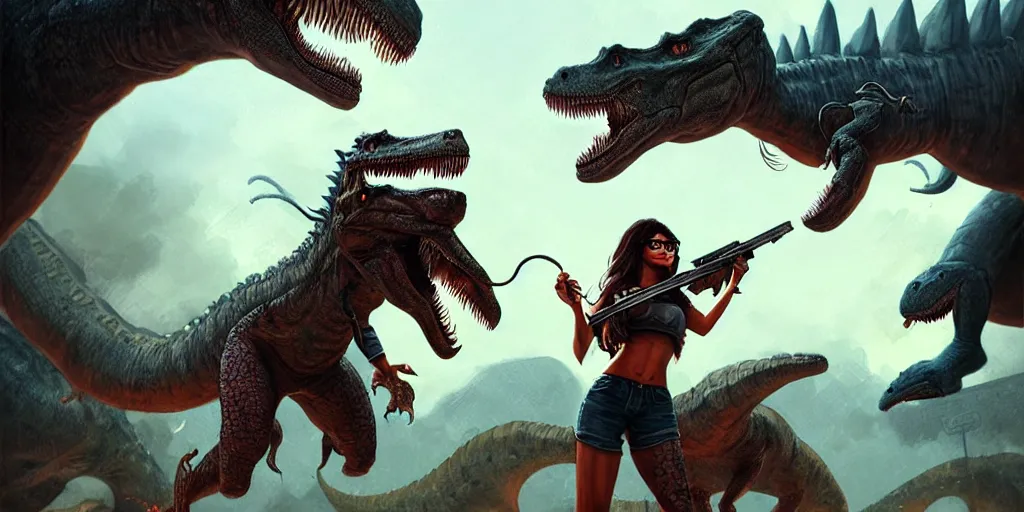 Image similar to mia khalifa fighting dinosaurs, detailed intricate illustration, dark atmosphere, detailed illustration, hd, 4 k, digital art, overdetailed art, by greg rutkowski, by loish, complementing colors, trending on artstation, deviantart