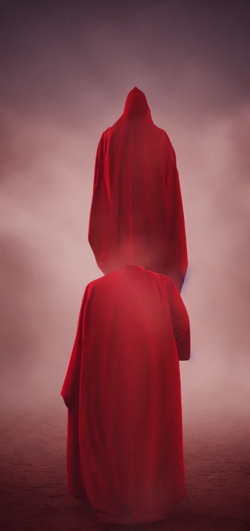 Prompt: an evil demon wearing red robes in a desert, sunny weather, rendered in octane, realistic, 8 k, vivid, intricate, detailed, mist, fog, dramatic light