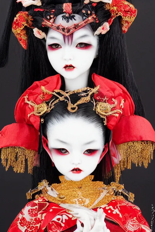 Prompt: avant - garde japanese bjd geisha vampire queen in victorian red dress in the style of dark - fantasy lolita fashion painted by yoshitaka amano, takato yamamoto, james jean, dmt art, symmetrical vogue face portrait, volumetrics, intricate detail, artstation, cgsociety, artgerm, gold skulls, rococo