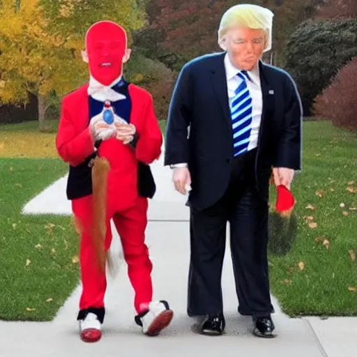 Prompt: tiny donald trump going trick or treating with joe biden, award winning photo