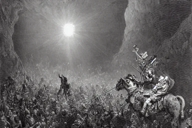 Prompt: highly detailed big opened book don quixote goes away from it, masterpiece, highly detailed painting by gustave dore