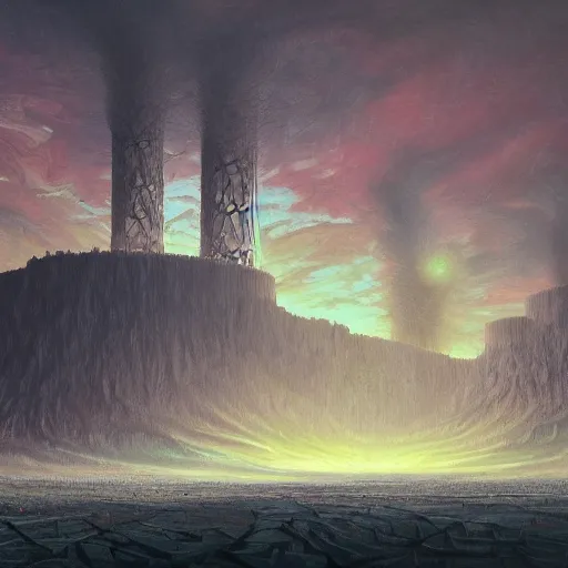 Prompt: A surreal landscape around a failing nuclear reactor by Noah Bradley, 4k, award winning artwork