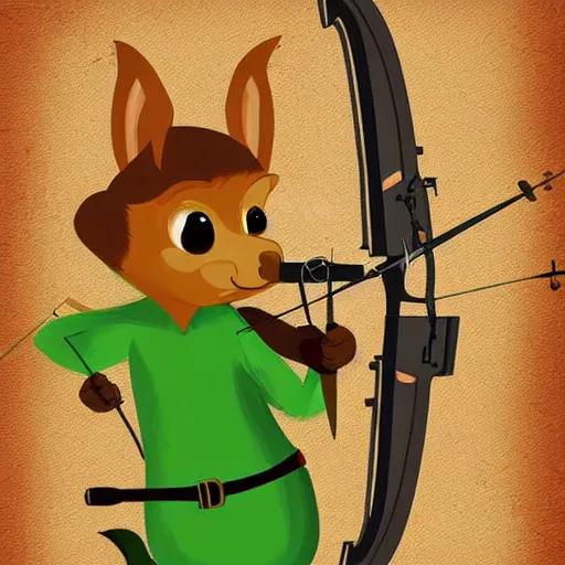 Image similar to A squirrel dressed as Peter Pan holding a crossbow. Digital art