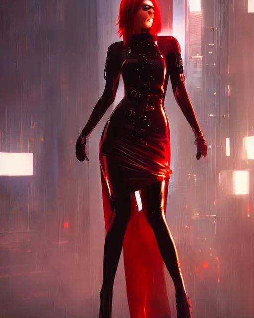 Prompt: Portrait of a futuristic rogue by Charlie Bowater, latex dress, gothic, short red hair, complementary rim lights, backlit, posing, cyberpunk city backdrop