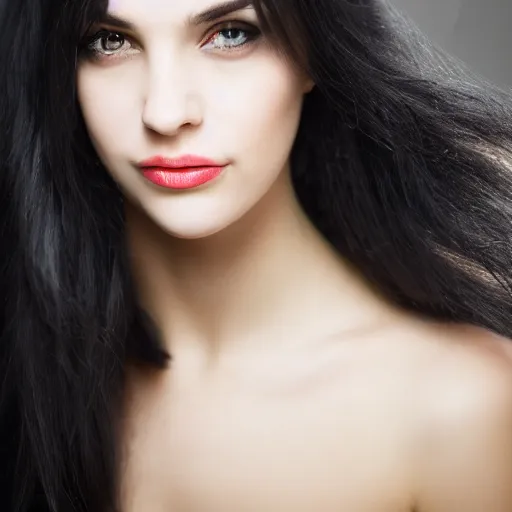 Image similar to young woman with messy long black hair, 1 3 5 mm nikon portrait