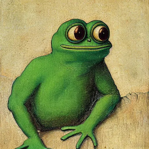 Image similar to oil painting of pepe the frog as aristotle by leonardo da vinci