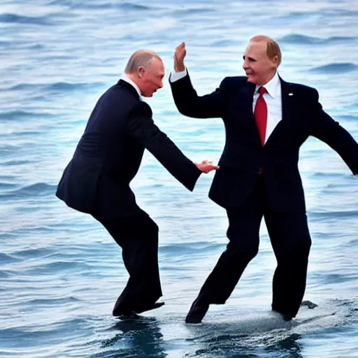 Image similar to biden and putin dancing on the ocean, close up, high quality photograph