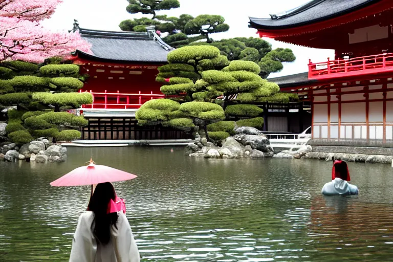 Image similar to cinematography women in kimonos in Kyoto watching joy in a temple pond by Emmanuel Lubezki