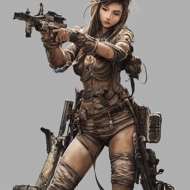 Prompt: the portrait of lawful neutral colorful female infantry gunner as absurdly beautiful, gorgeous, elegant, young swimsuit model, an ultrafine hyperdetailed illustration by kim jung gi, irakli nadar, intricate linework, detailed faces, super sharp focus, octopath traveler, unreal engine 5 highly rendered, global illumination, radiant light, detailed and intricate environment