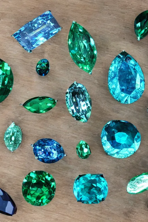 Prompt: a desk full of blue and green diamonds